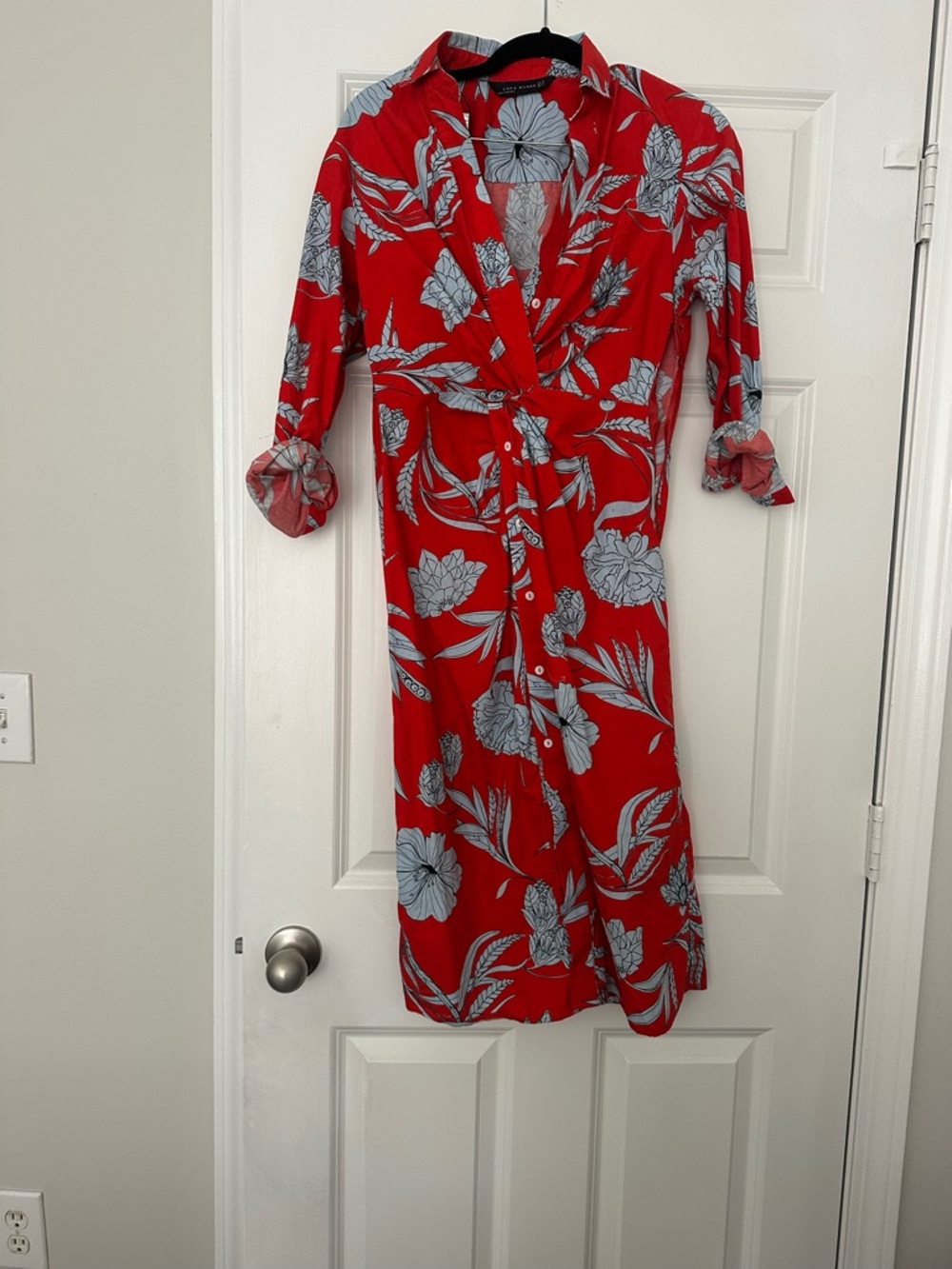 Zara Red Midi Dress with blue Floral Motif